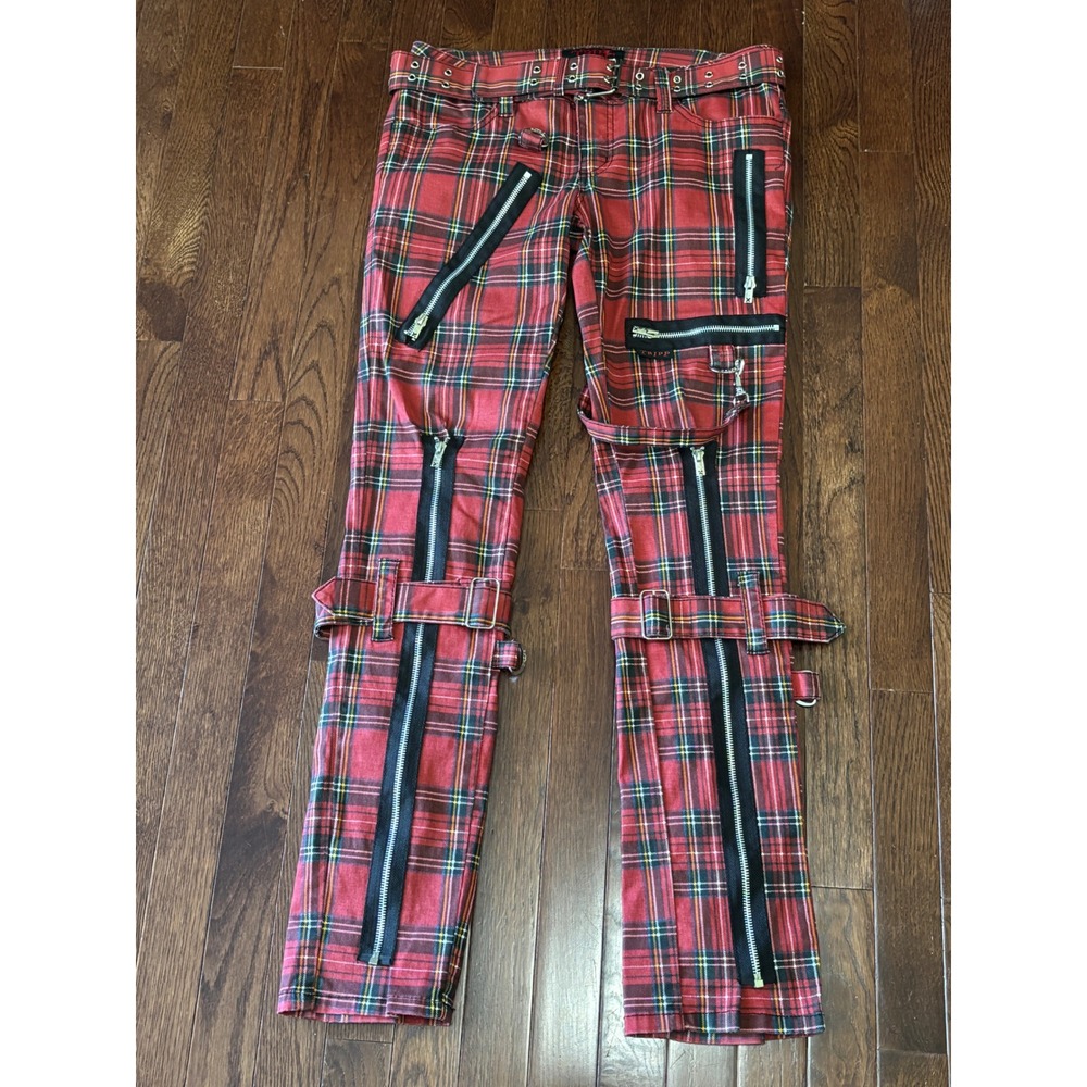 Tripp NYC Red Plaid Bondage Pants Zippers Straps Punk Gothic IS267P 28/7